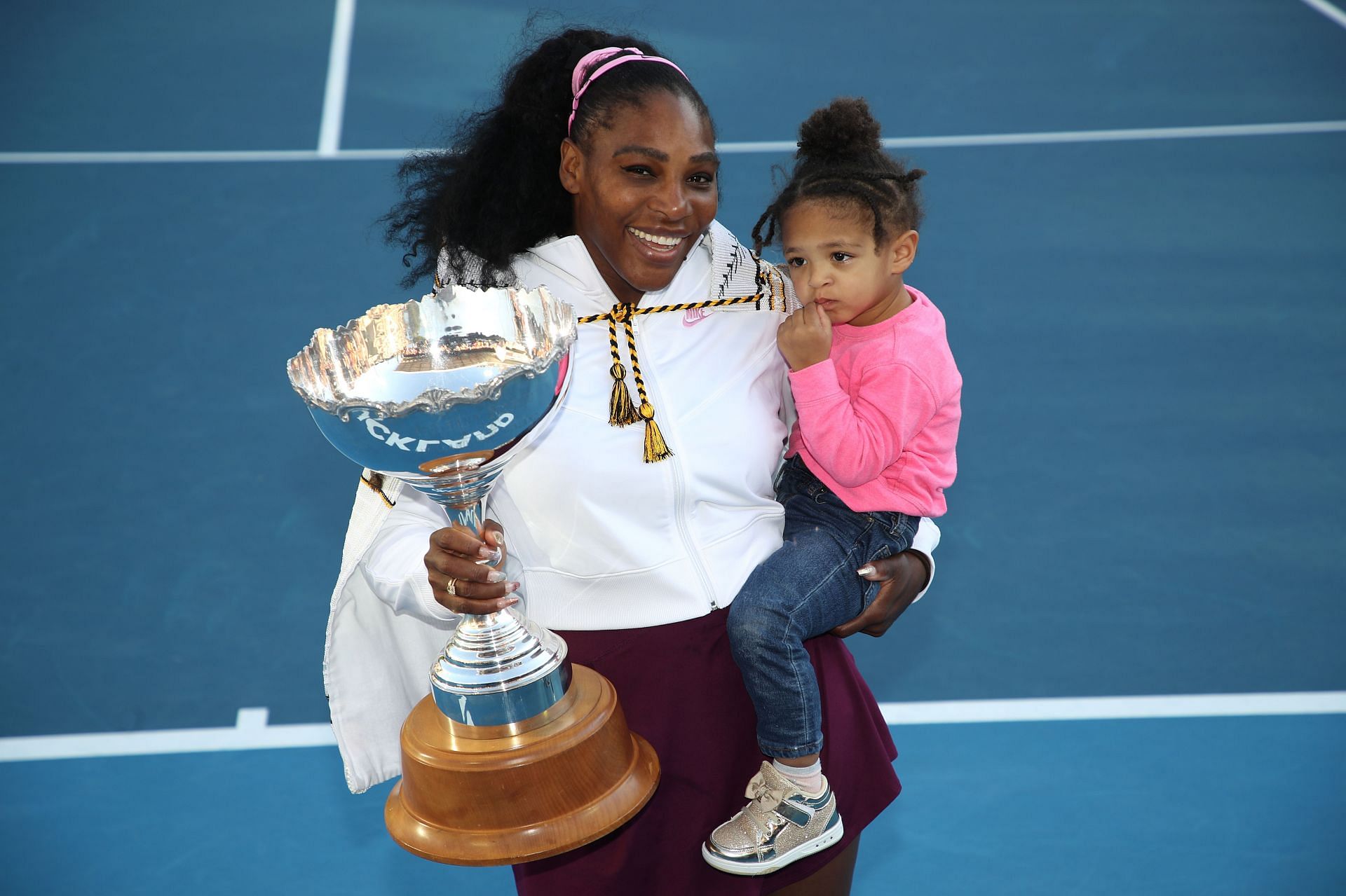 Serena Williams poses with her daughter Alexis Olympia after winning the ASB Classic in 2020. Source: Getty